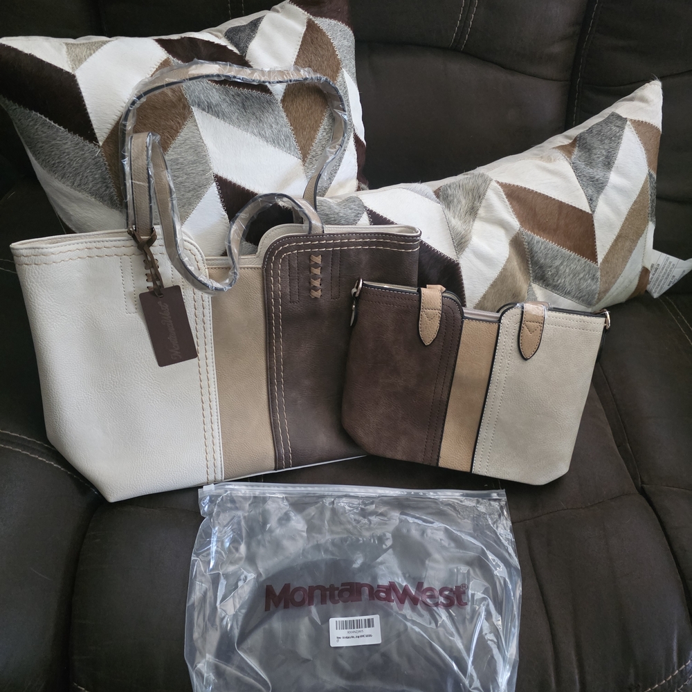 Montana West Neutral Colorblock Tote with Matching Small Purse